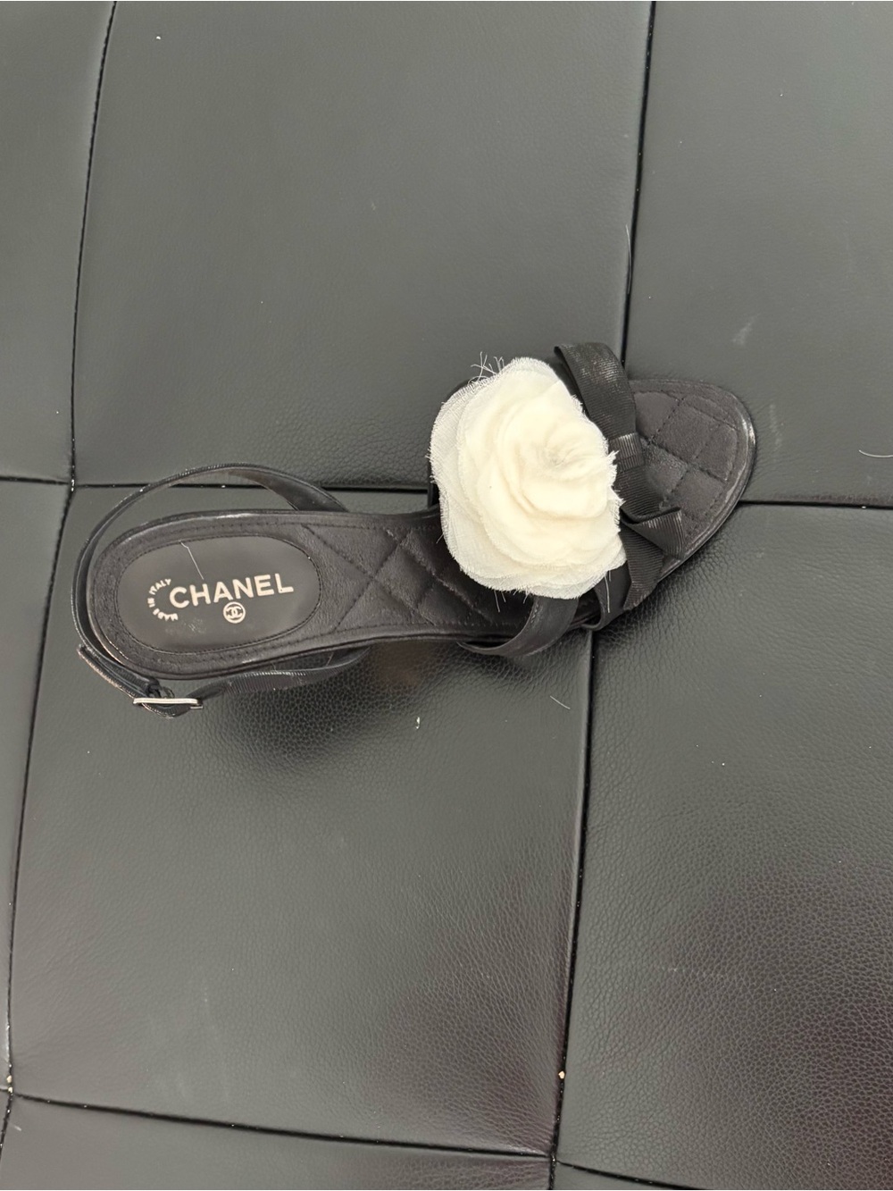 CHANEL Black Slingback Sandal with Cream Camellia